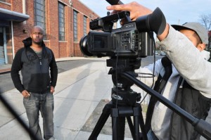 Chesney Snow, waiting to be interviewed outside of the Lavelle School of the Blind where he teaches Beatboxing as a form of speech therapy with B.E.A.T. NYC.